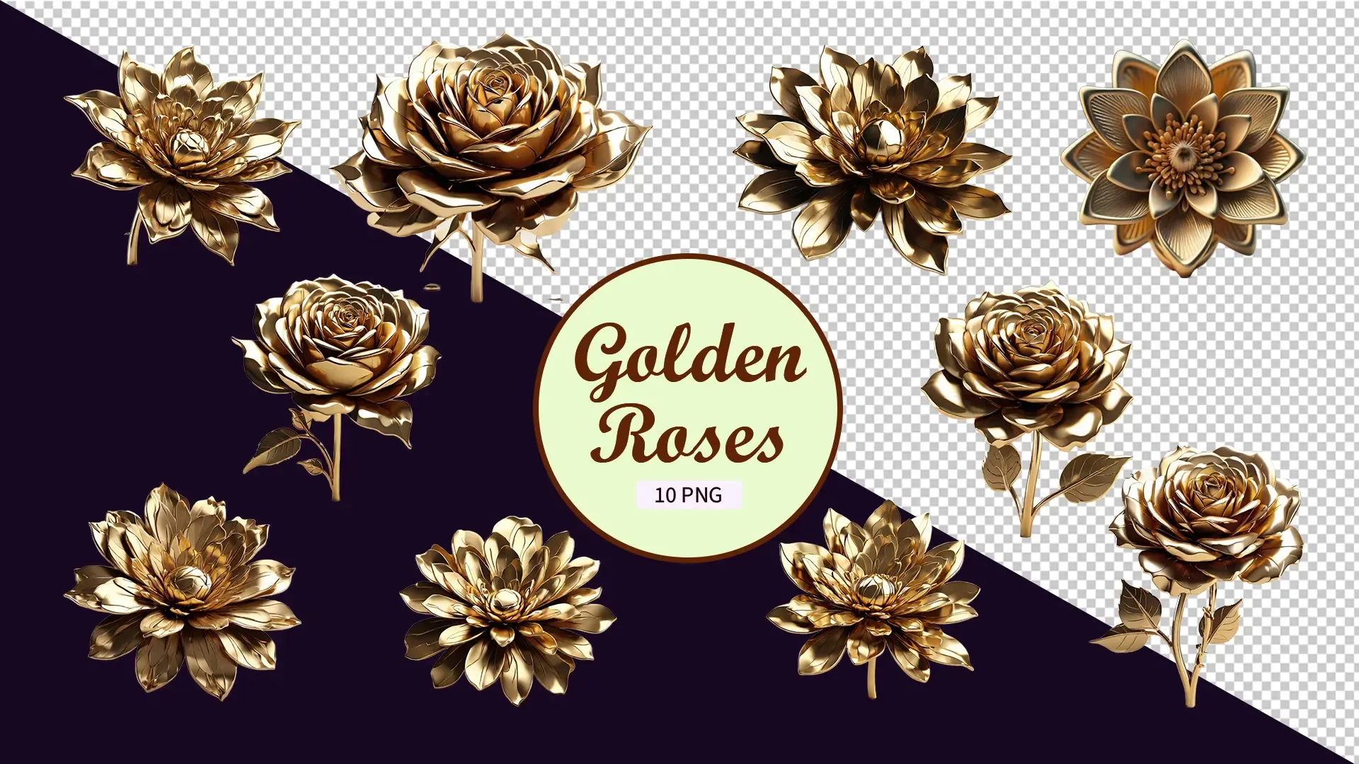 Sophisticated Gold Rose 3D Elements Set
